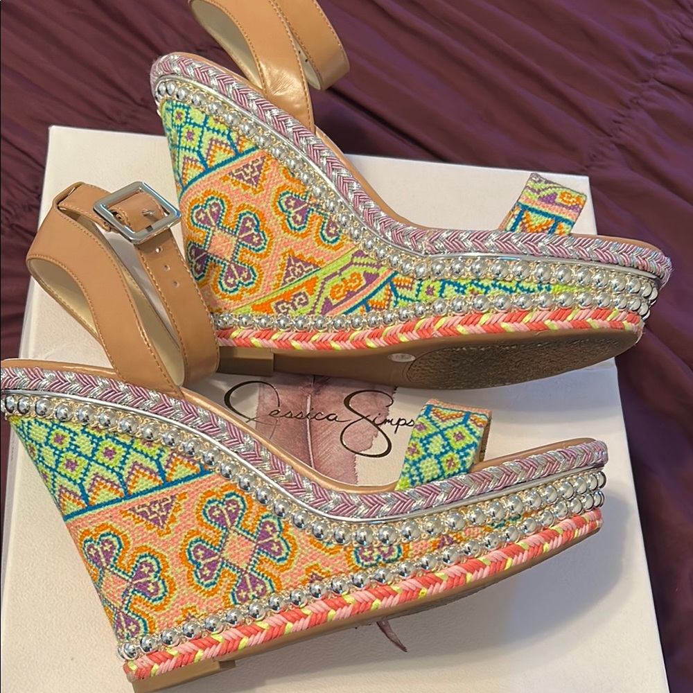Jessica Simpson Beige Wedge Sandals with Crystal Embellishments - Picture 6 of 10